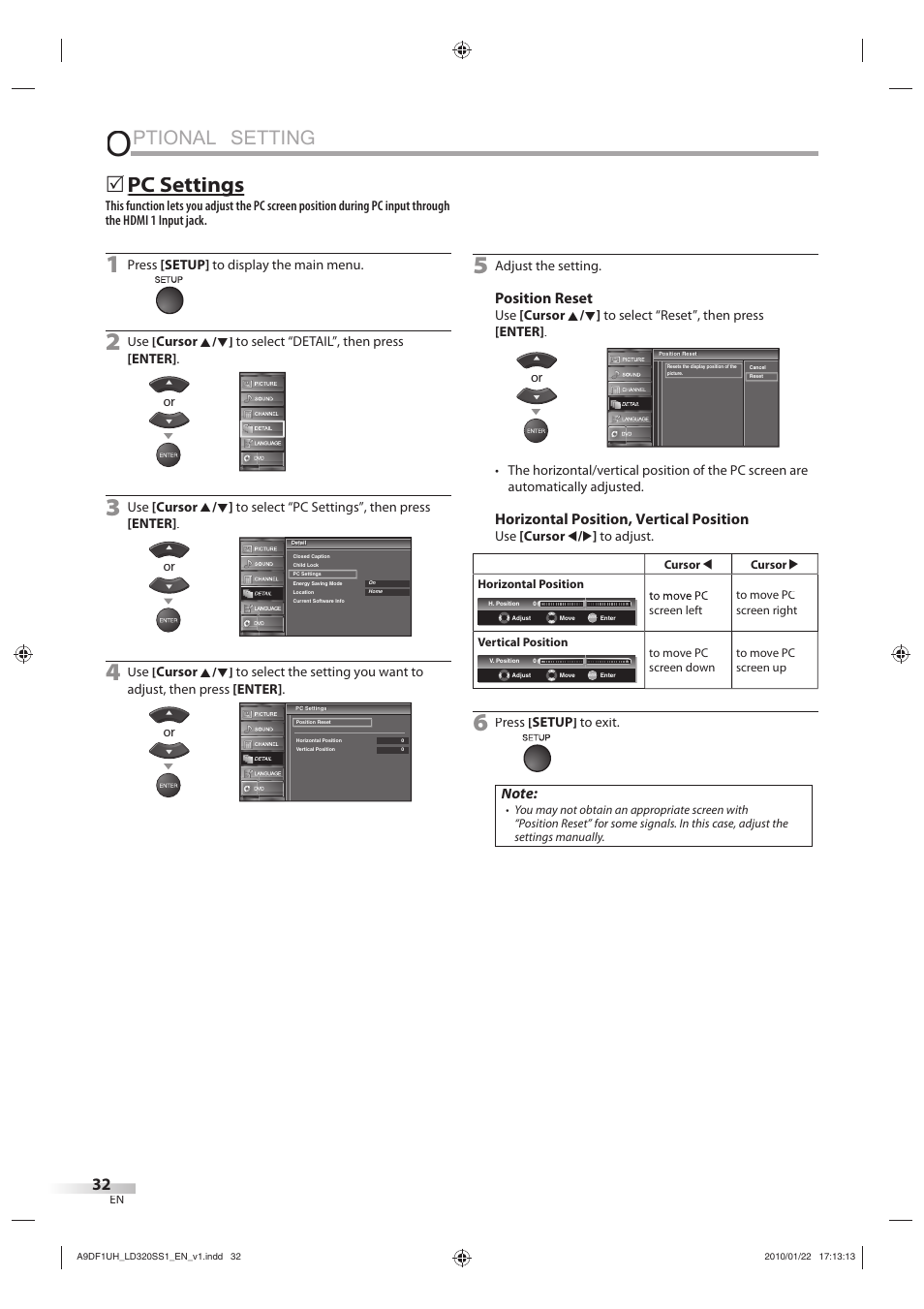 Ptional setting, Pc settings g, Position reset | Horizontal position, vertical position | Sylvania LD320SS1 User Manual | Page 34 / 166