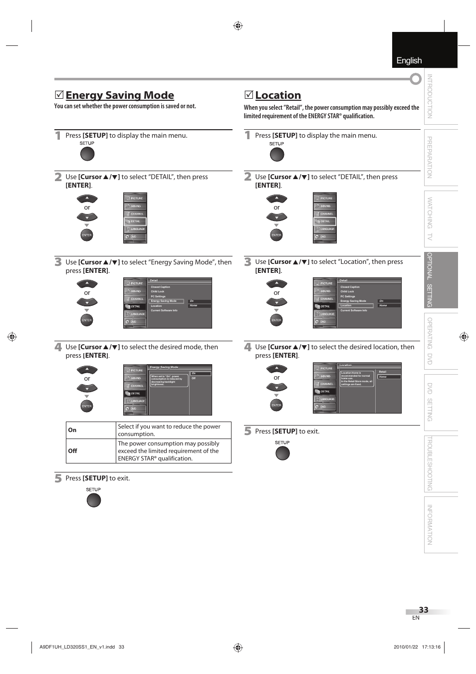 English español français, Energy saving mode gy g, Location | Sylvania LD320SS1 User Manual | Page 35 / 166