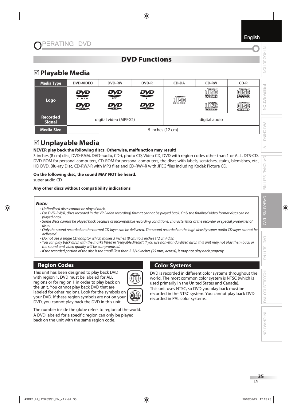 Perating dvd, English español français, Playable media y | Unplayable media p y, Dvd functions | Sylvania LD320SS1 User Manual | Page 37 / 166