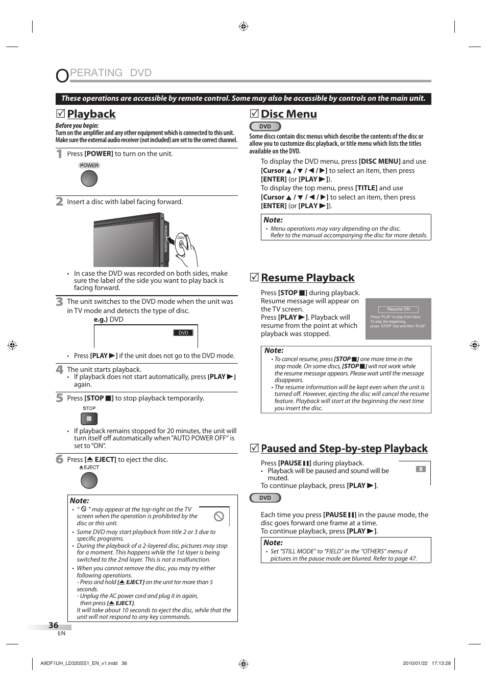 Perating dvd, Playback y, Disc menu | Resume playback y | Sylvania LD320SS1 User Manual | Page 38 / 166