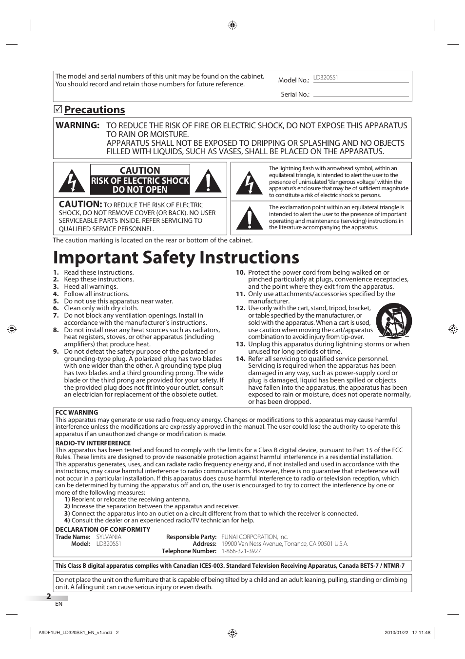 Important safety instructions, Precautions, Caution | Caution risk of electric shock do not open, Warning | Sylvania LD320SS1 User Manual | Page 4 / 166