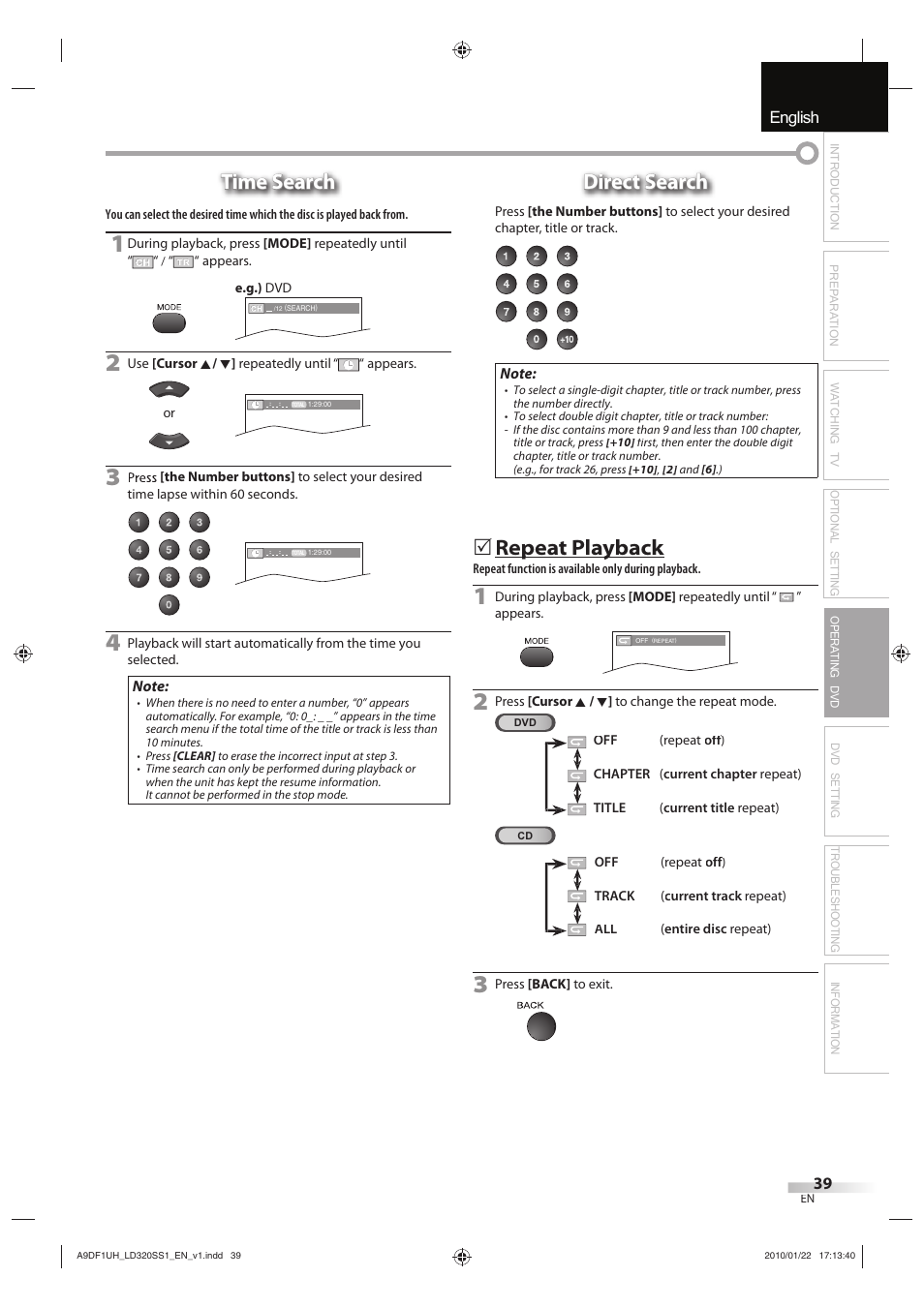 English español français, Time search, Direct search | Repeat playback p y | Sylvania LD320SS1 User Manual | Page 41 / 166