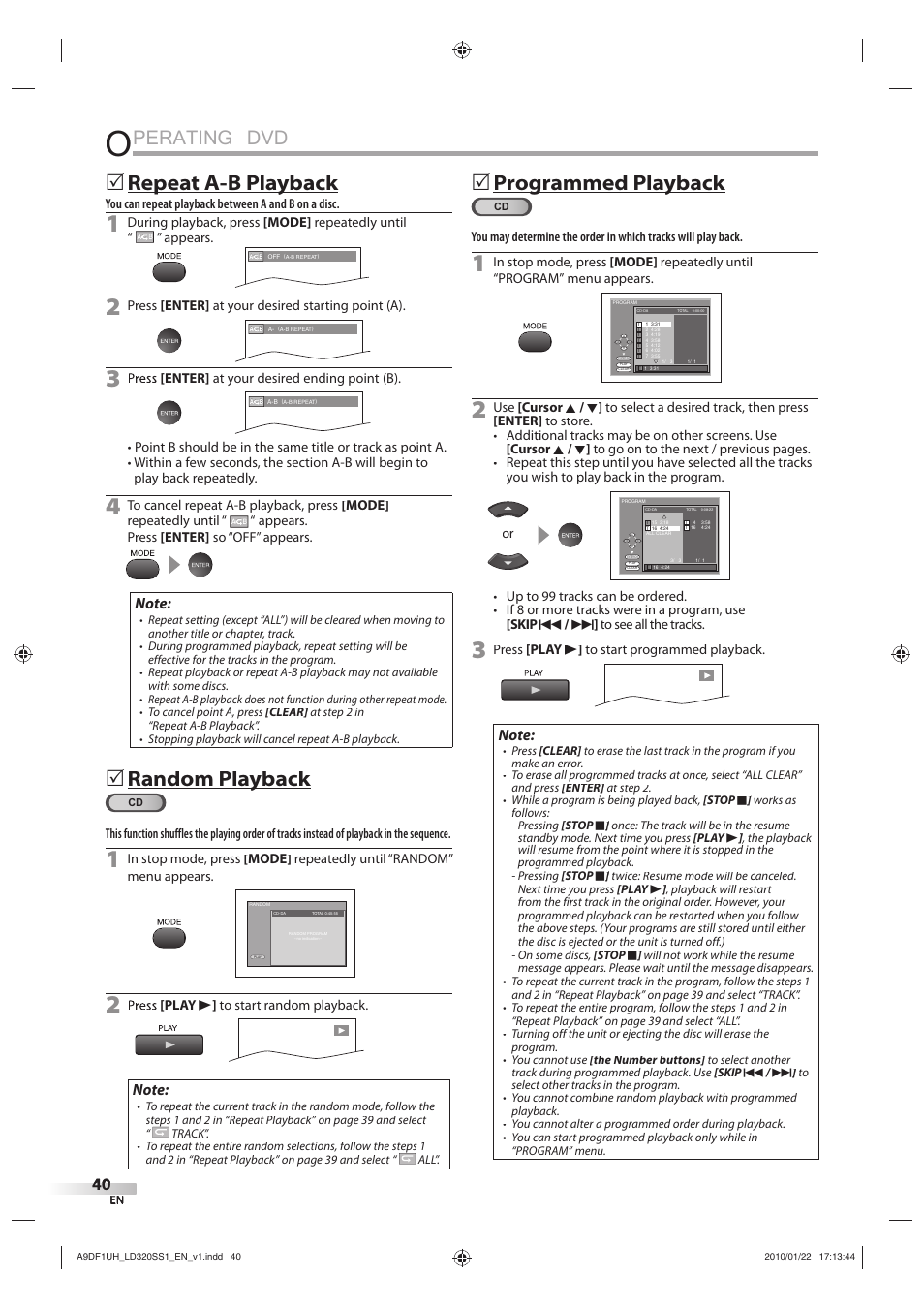 Perating dvd, Repeat a-b playback p y, Random playback y | Programmed playback g y | Sylvania LD320SS1 User Manual | Page 42 / 166