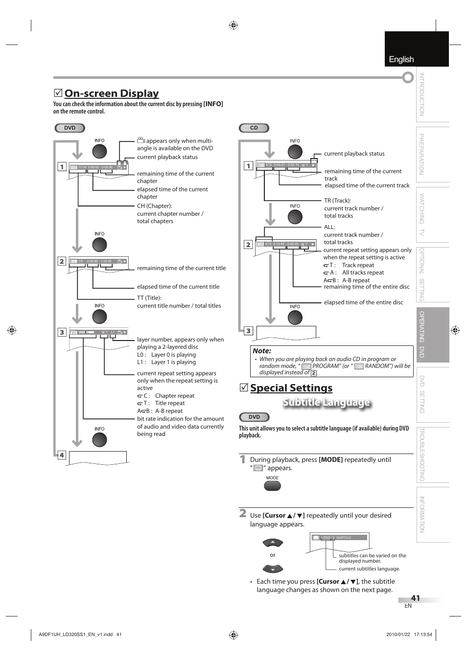 English español français, On-screen display p y | Sylvania LD320SS1 User Manual | Page 43 / 166