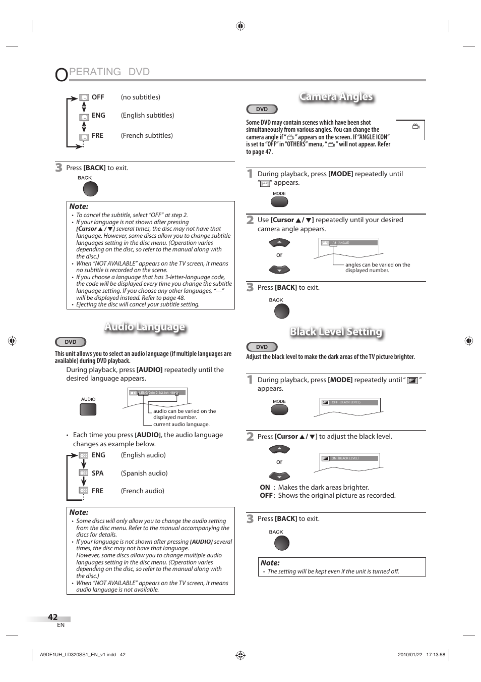 Perating dvd, Audio language, Camera angles | Black level setting | Sylvania LD320SS1 User Manual | Page 44 / 166