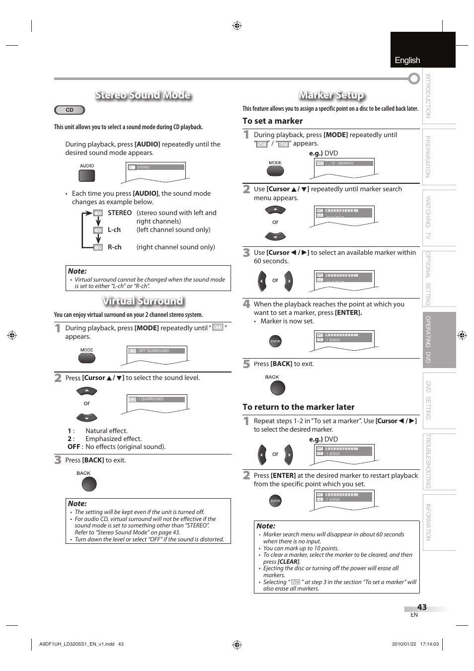 English español français, Stereo sound mode, Virtual surround | Marker setup | Sylvania LD320SS1 User Manual | Page 45 / 166