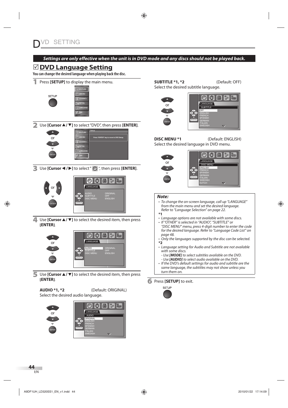 Vd setting, Dvd language setting g g g | Sylvania LD320SS1 User Manual | Page 46 / 166