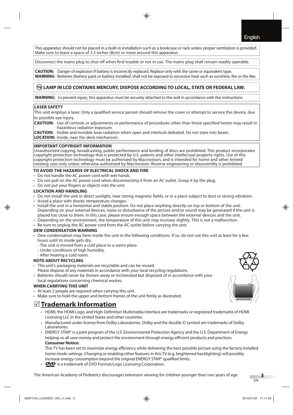 English español français, Trademark information | Sylvania LD320SS1 User Manual | Page 5 / 166