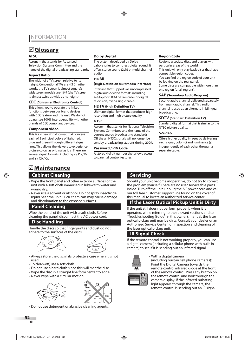 Nformation, Glossary y  maintenance, Cabinet cleaning | Panel cleaning, Disc handling, Servicing, If the laser optical pickup unit is dirty, Ir signal check | Sylvania LD320SS1 User Manual | Page 54 / 166