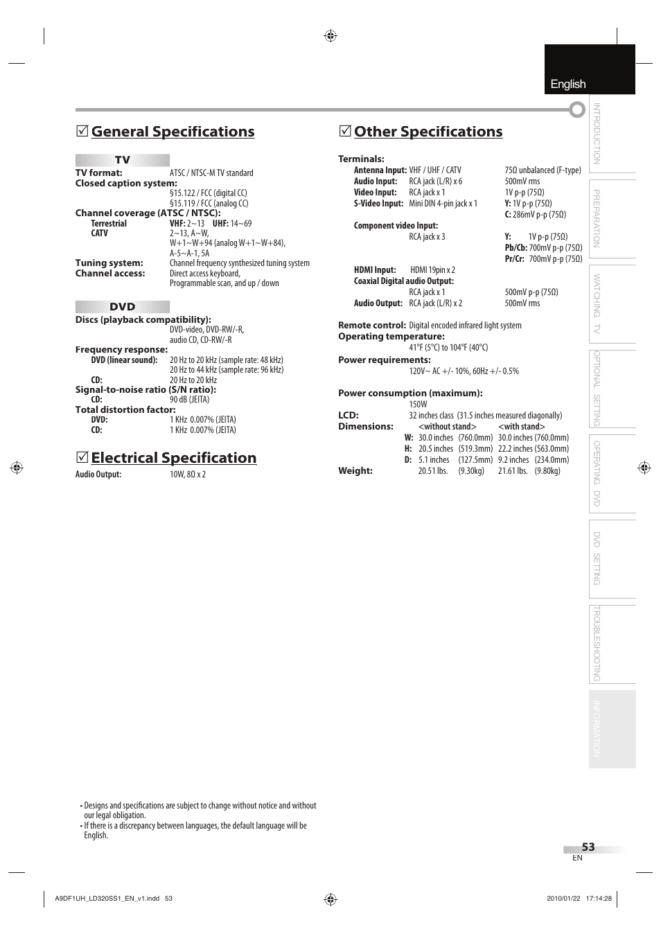 English español français, General specifications p, Electrical specification p | Other specifications p | Sylvania LD320SS1 User Manual | Page 55 / 166