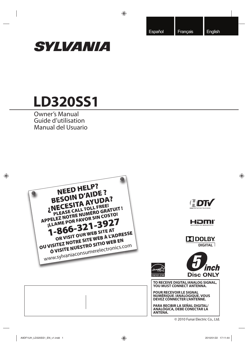 Ld320ss1, Need help? besoin d’ aide ? ¿necesit a ayuda, English español français | Sylvania LD320SS1 User Manual | Page 58 / 166