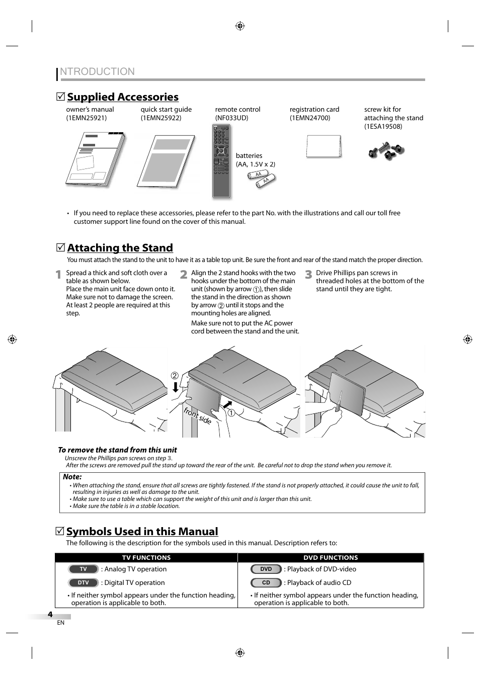 Ntroduction, Pp supplied accessories pp  attaching the stand g, Symbols used in this manual y | Sylvania LD320SS1 User Manual | Page 6 / 166