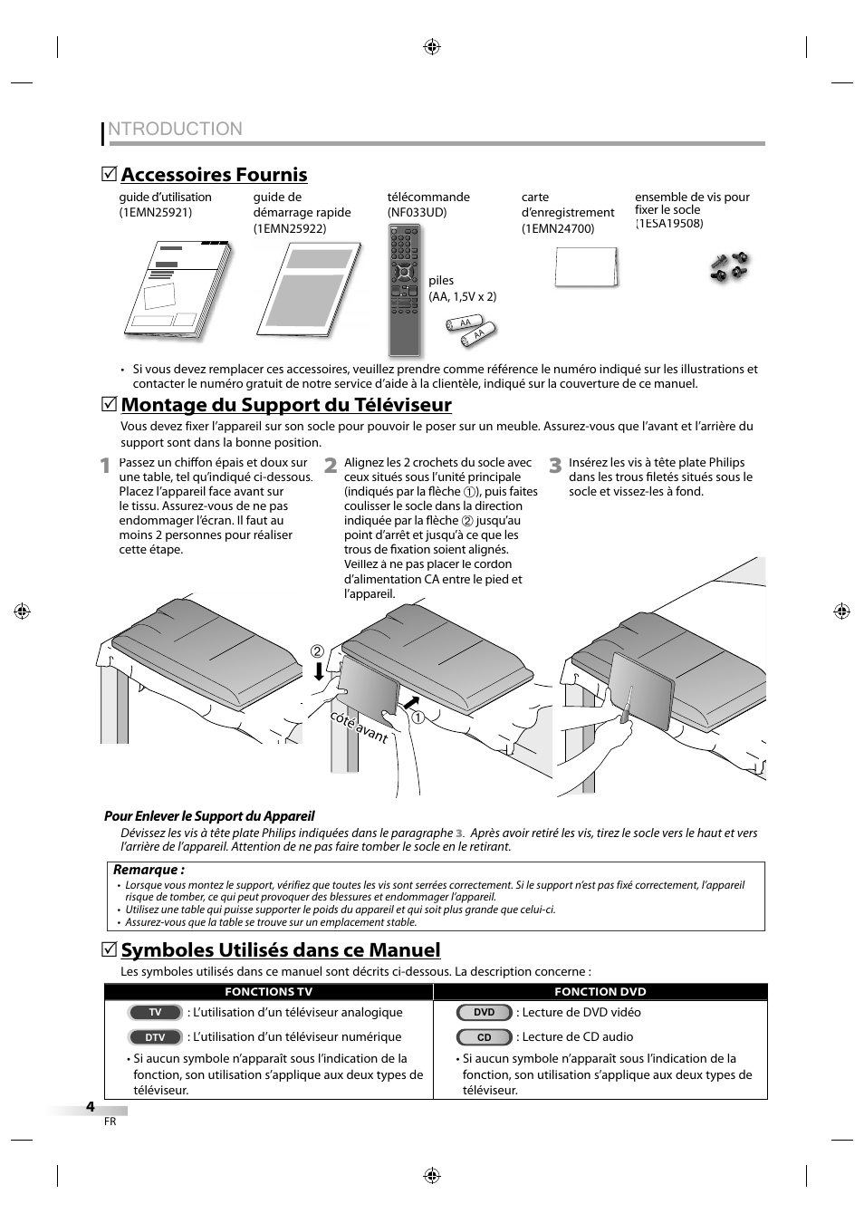 Ntroduction, Montage du support du téléviseur g pp, Accessoires fournis | Symboles utilisés dans ce manuel y | Sylvania LD320SS1 User Manual | Page 61 / 166