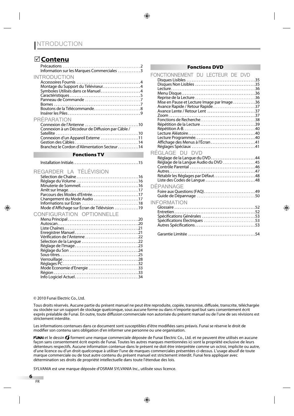 Ntroduction, Introduction, Préparation | Regarder la télévision, Configuration optionnelle, Fonctionnement du lecteur de dvd, Réglage du dvd, Dépannage, Information, Contenu | Sylvania LD320SS1 User Manual | Page 63 / 166