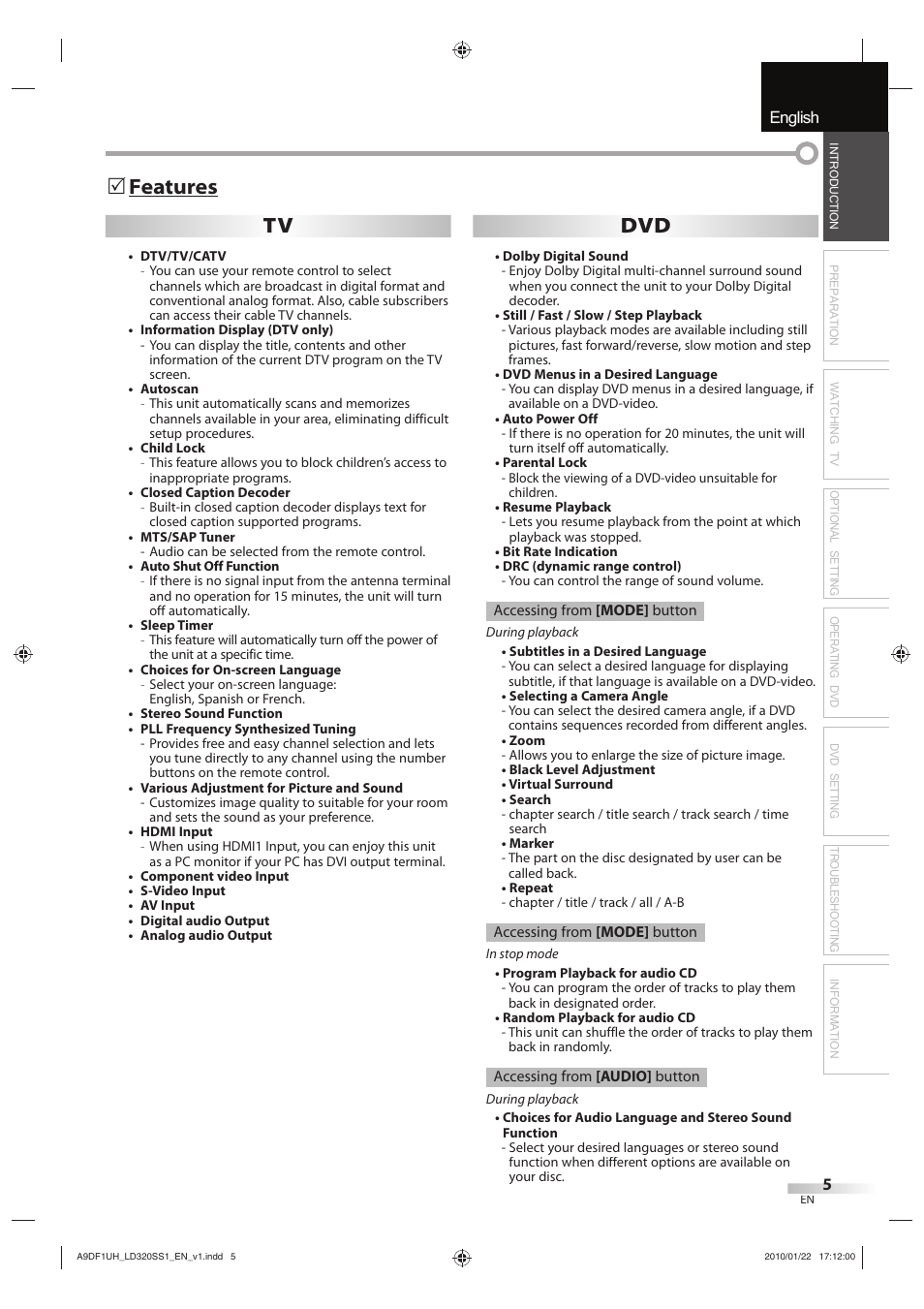 English español français, Features tv dvd | Sylvania LD320SS1 User Manual | Page 7 / 166