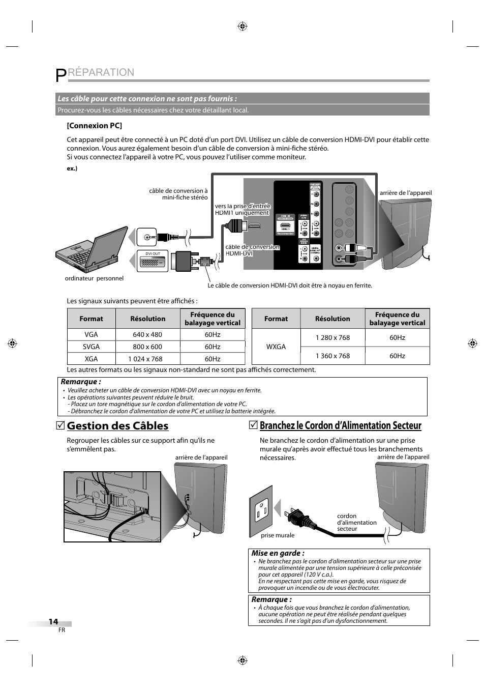 Réparation, Gestion des câbles, Branchez le cordon d’alimentation secteur | Sylvania LD320SS1 User Manual | Page 71 / 166