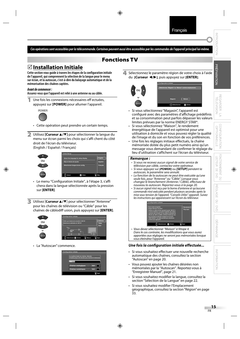 Français, Installation initiale, Fonctions tv | Avant de commencer, Remarque, Une fois la configuration initiale effectuée | Sylvania LD320SS1 User Manual | Page 72 / 166