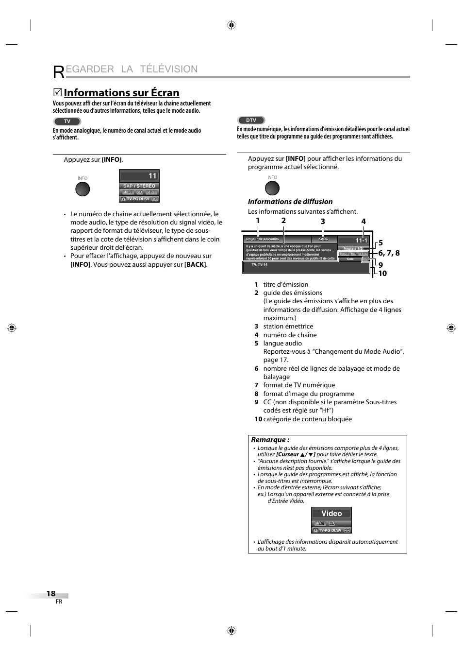 Egarder la télévision, Informations sur écran, Informations de diffusion | Remarque | Sylvania LD320SS1 User Manual | Page 75 / 166