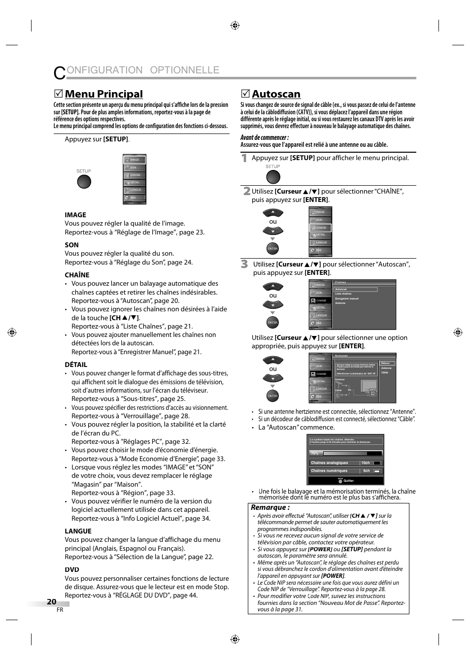 Onfiguration optionnelle, Menu principal p, Autoscan | Avant de commencer, Remarque | Sylvania LD320SS1 User Manual | Page 77 / 166