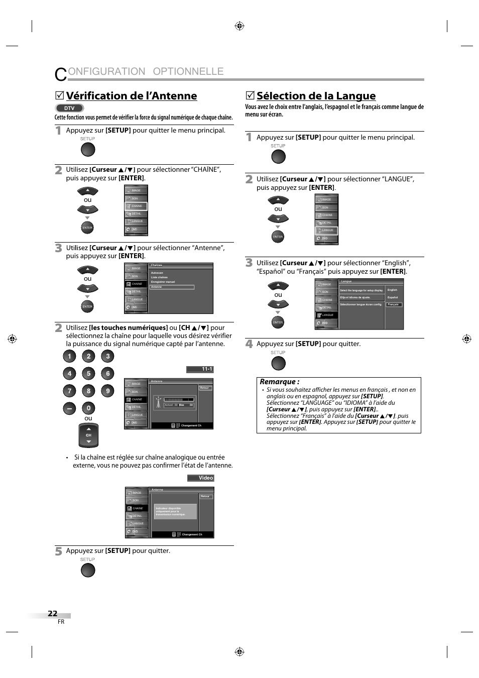 Onfiguration optionnelle, Vérification de l’antenne, Sélection de la langue g | Remarque | Sylvania LD320SS1 User Manual | Page 79 / 166