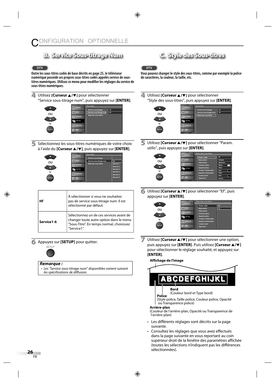 Onfiguration optionnelle, B. service sous-titrage num, C. style des sous-titres | Remarque, Appuyez sur [setup] pour quitter | Sylvania LD320SS1 User Manual | Page 83 / 166