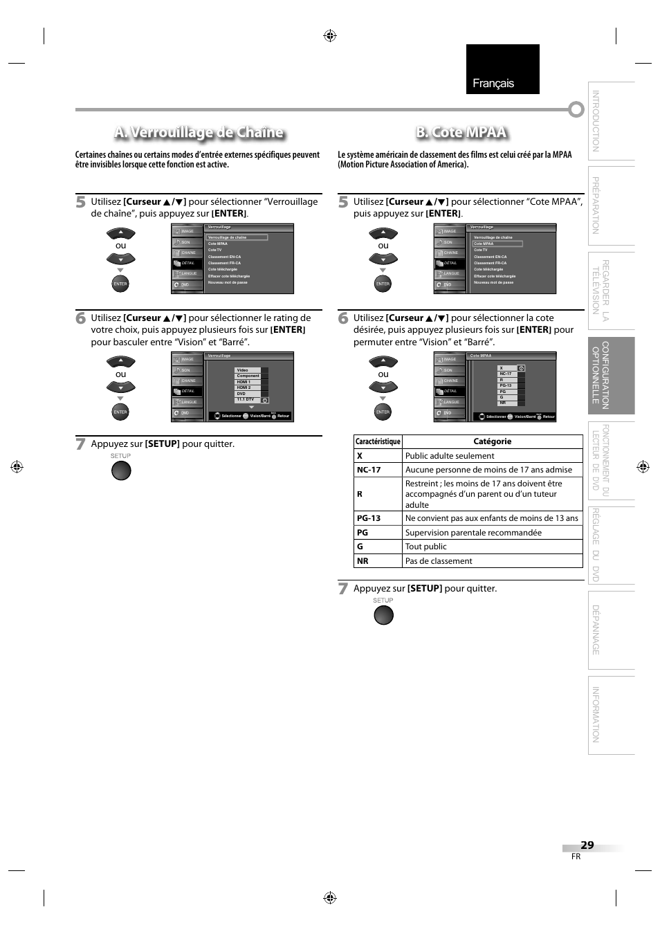 Français, A. verrouillage de chaîne, B. cote mpaa | Appuyez sur [setup] pour quitter | Sylvania LD320SS1 User Manual | Page 86 / 166