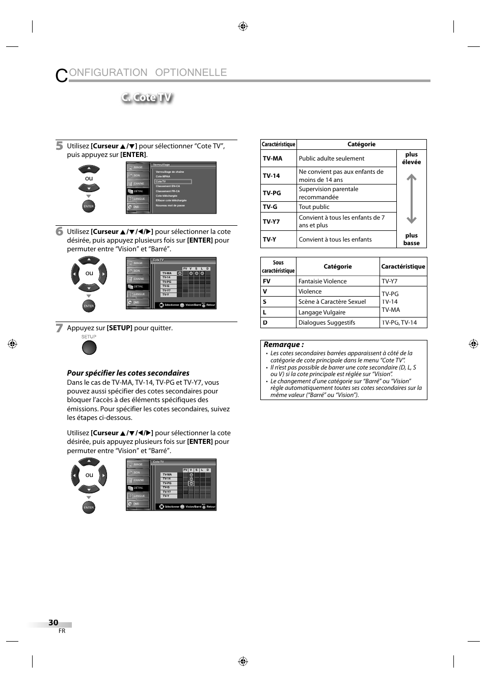 Onfiguration optionnelle, C. cote tv, Pour spécifier les cotes secondaires | Remarque, Appuyez sur [setup] pour quitter | Sylvania LD320SS1 User Manual | Page 87 / 166