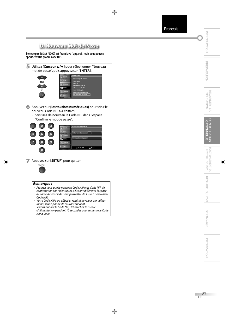 Français, D. nouveau mot de passe, Remarque | Sylvania LD320SS1 User Manual | Page 88 / 166