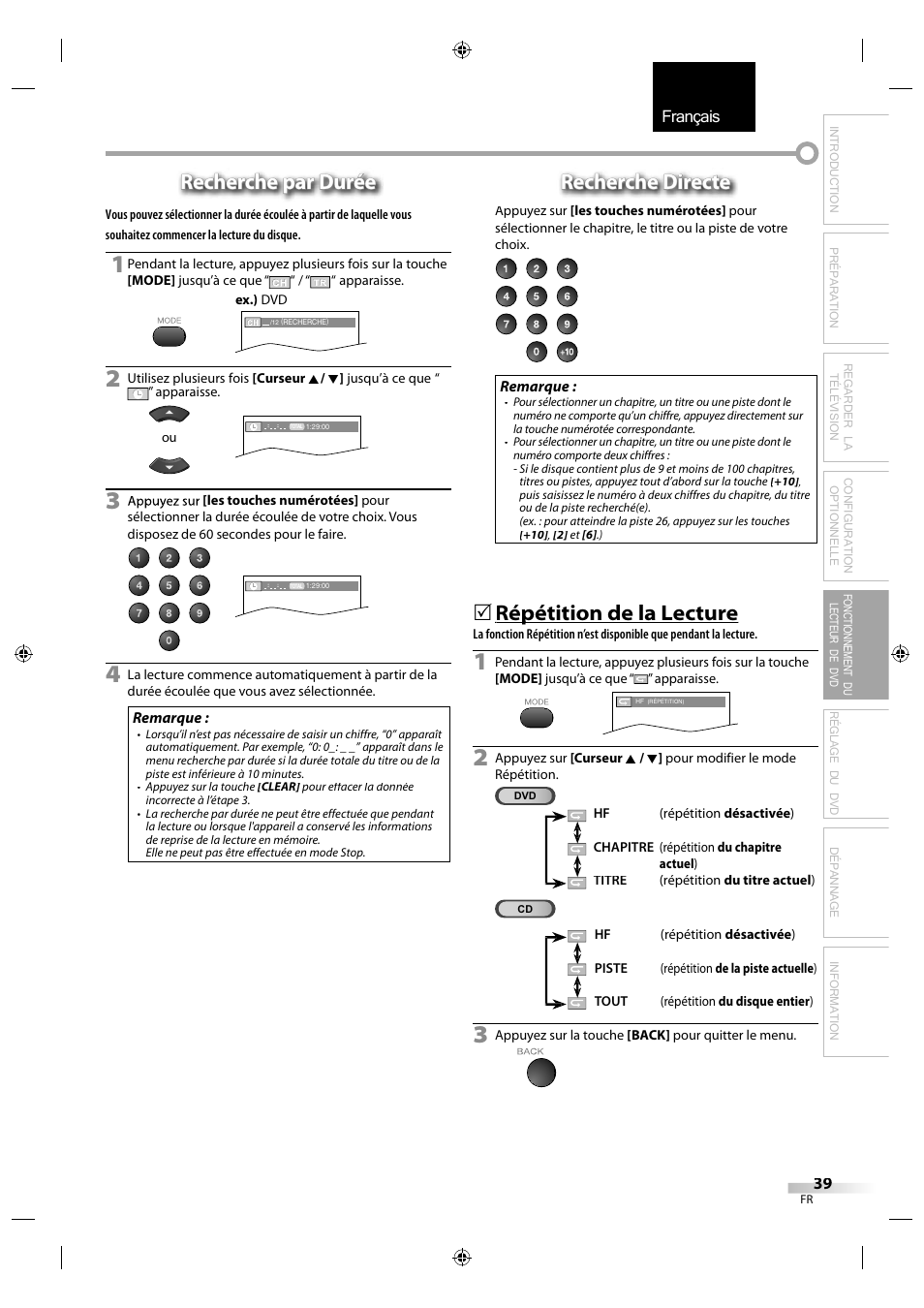 Français, Recherche par durée, Recherche directe | Répétition de la lecture p | Sylvania LD320SS1 User Manual | Page 96 / 166