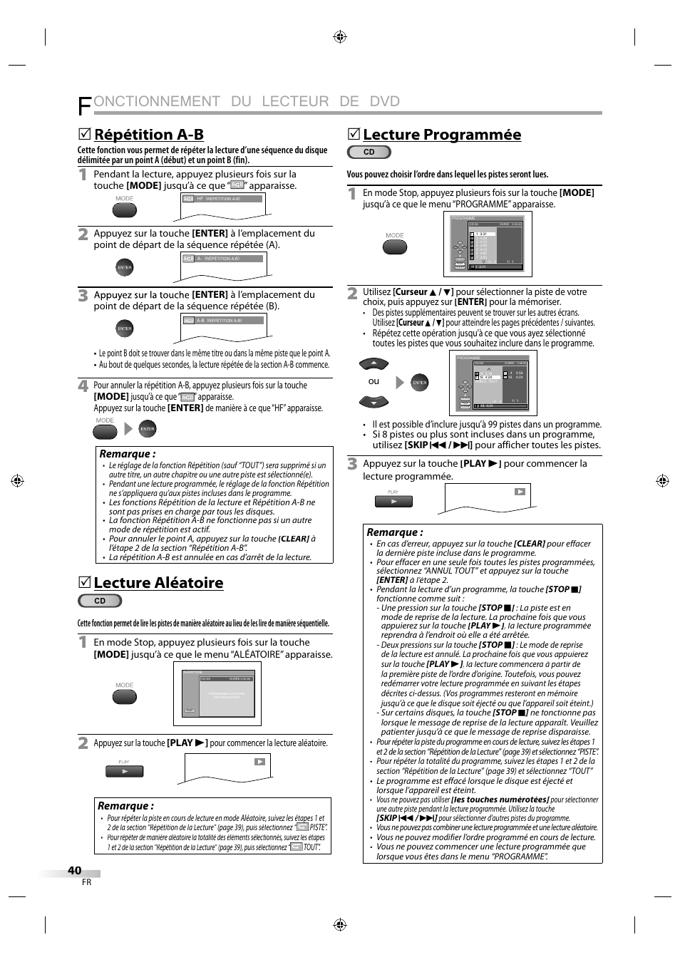 Onctionnement du lecteur de dvd, Répétition a-b p, Lecture aléatoire | Lecture programmée g, Remarque | Sylvania LD320SS1 User Manual | Page 97 / 166