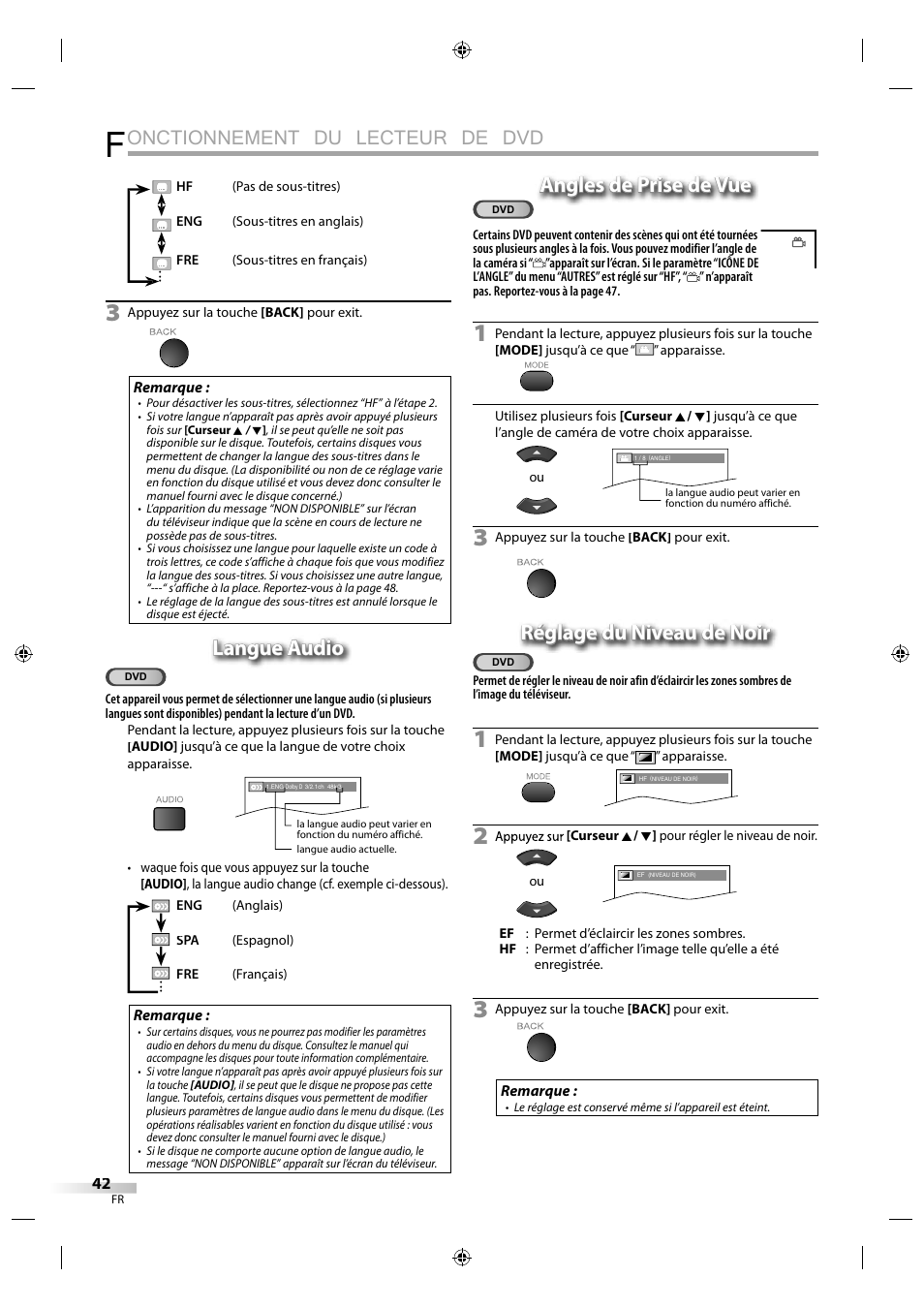 Onctionnement du lecteur de dvd, Langue audio, Angles de prise de vue | Réglage du niveau de noir | Sylvania LD320SS1 User Manual | Page 99 / 166