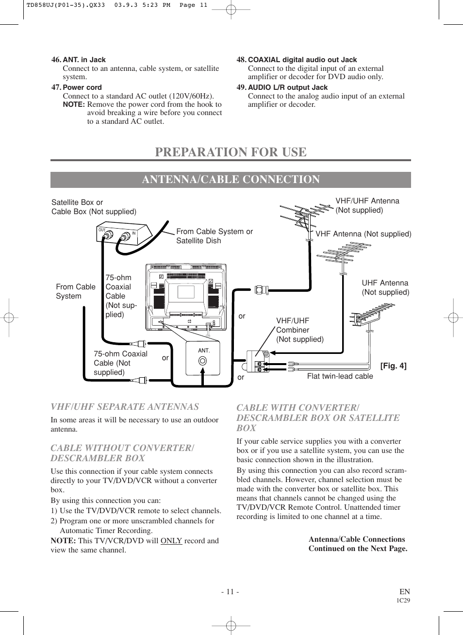 Preparation for use, Antenna/cable connection, Cable without converter/ descrambler box | Vhf/uhf separate antennas | Sylvania 6719DDS User Manual | Page 11 / 56
