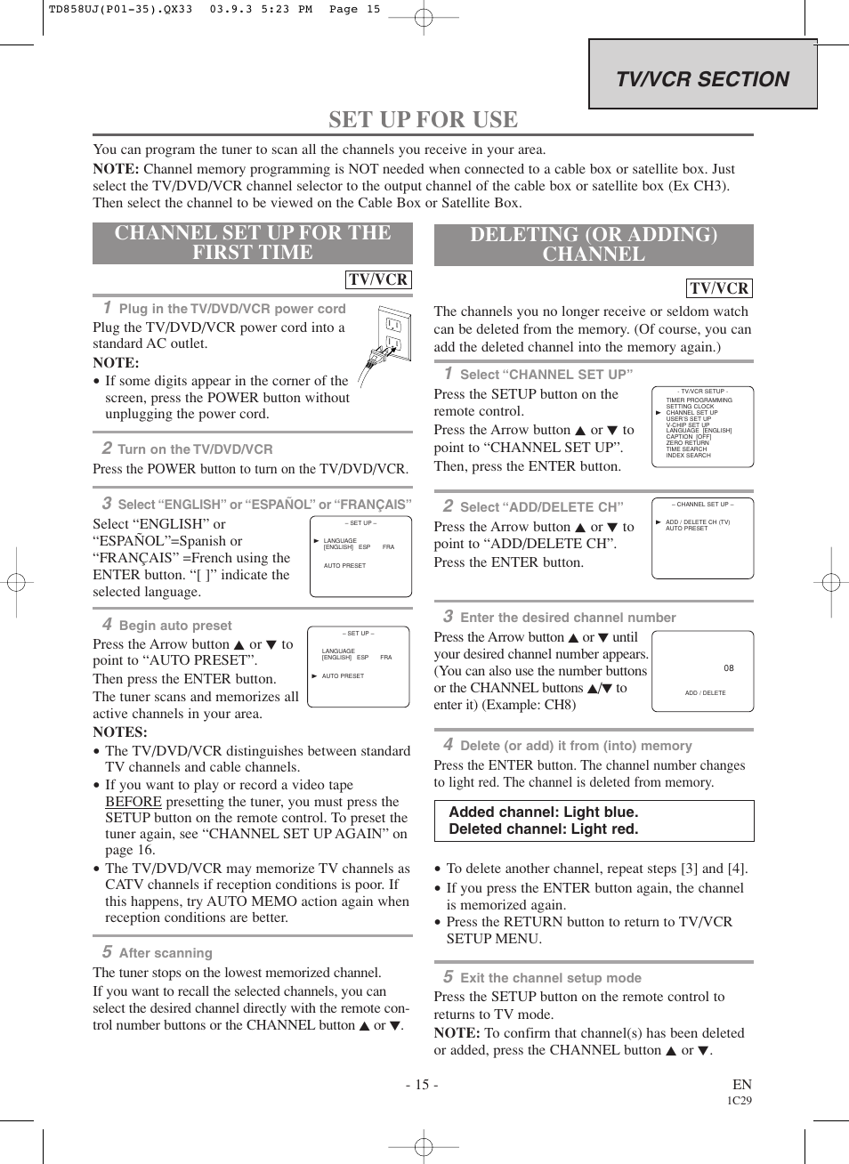 Set up for use, Channel set up for the first time, Deleting (or adding) channel | Sylvania 6719DDS User Manual | Page 15 / 56