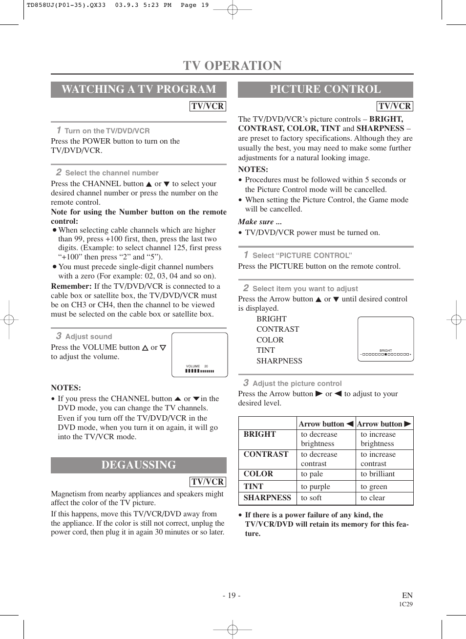 Tv operation, Degaussing, Watching a tv program | Picture control, Tv/vcr | Sylvania 6719DDS User Manual | Page 19 / 56