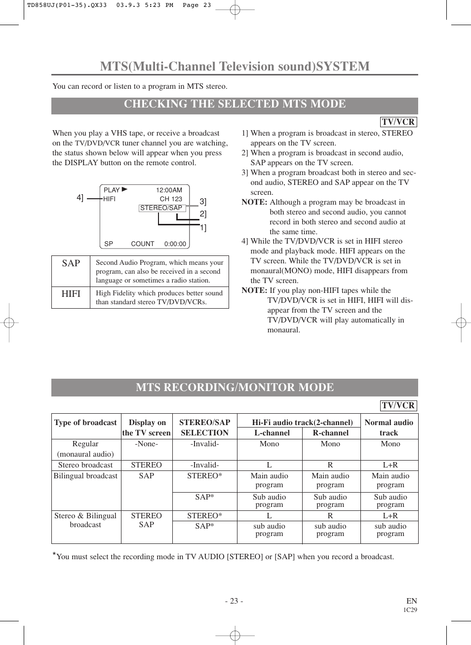 Mts(multi-channel television sound)system, Checking the selected mts mode, Mts recording/monitor mode | Sylvania 6719DDS User Manual | Page 23 / 56