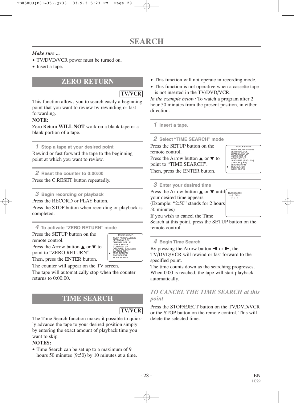 Search, Zero return, Time search | Sylvania 6719DDS User Manual | Page 28 / 56