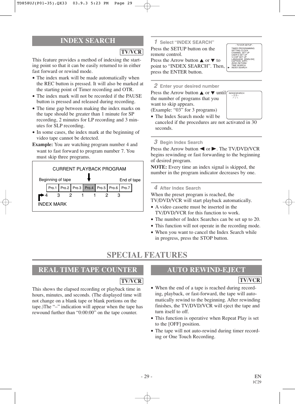 Special features, Index search, Real time tape counter | Auto rewind-eject | Sylvania 6719DDS User Manual | Page 29 / 56