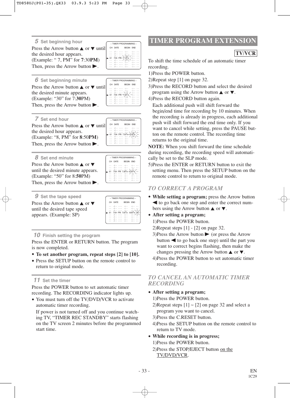 Timer program extension, Tv/vcr, 33 - en | Set beginning hour, Set beginning minute, Set end hour, Set end minute, Set the tape speed, Finish setting the program, Set the timer | Sylvania 6719DDS User Manual | Page 33 / 56