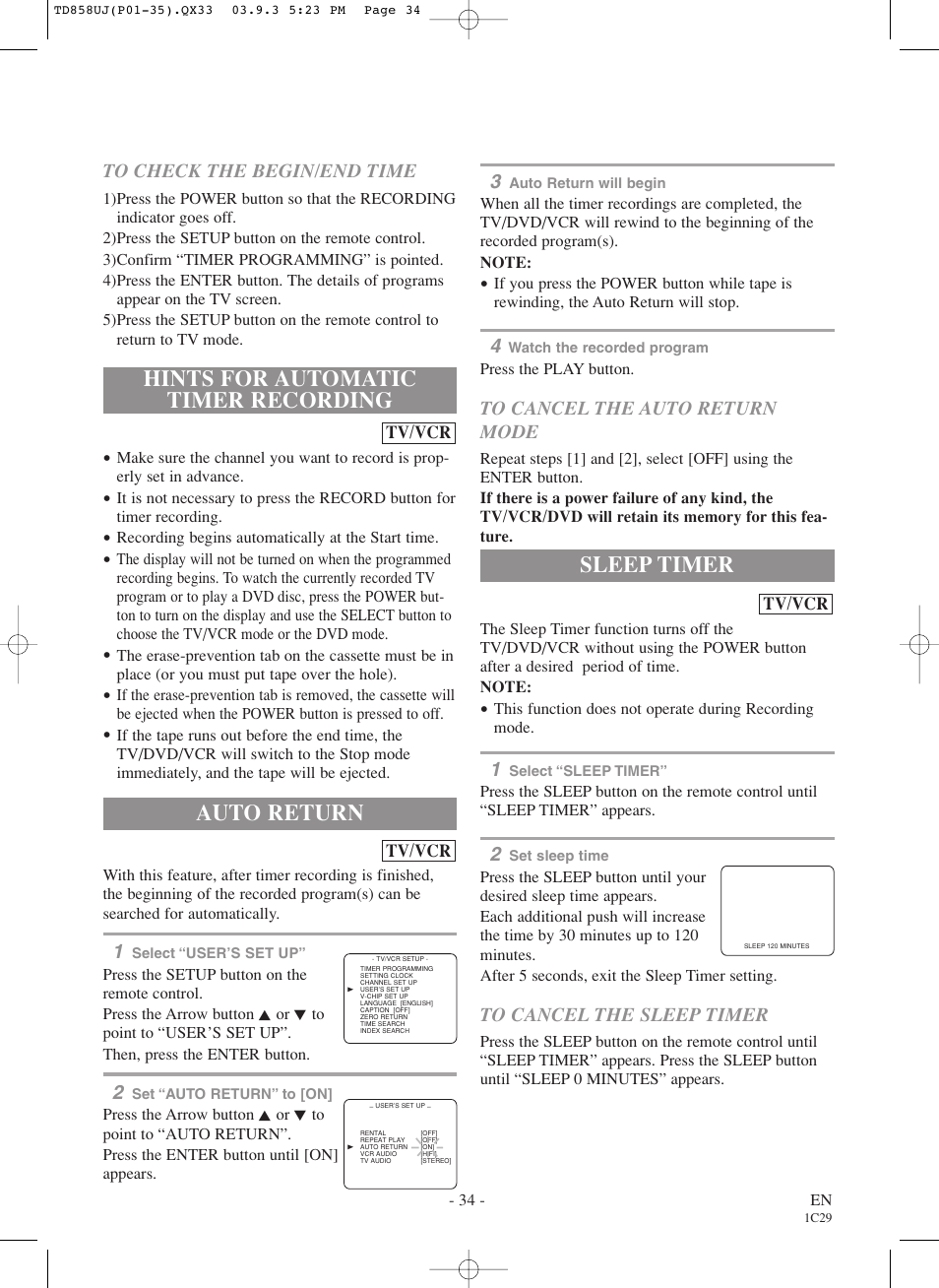 Hints for automatic timer recording, Auto return, Sleep timer | Sylvania 6719DDS User Manual | Page 34 / 56
