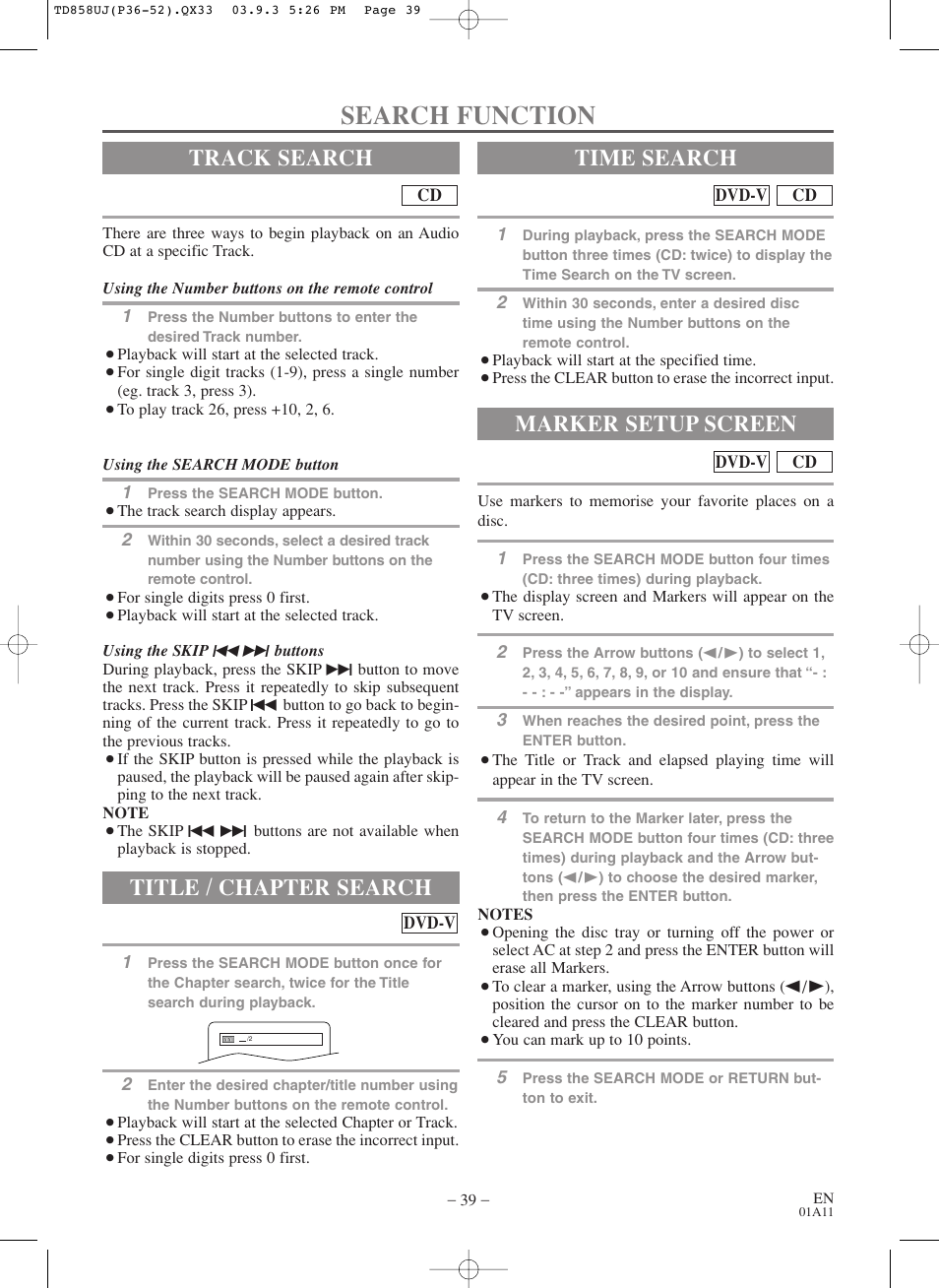Search function, Track search, Title / chapter search | Time search, Marker setup screen | Sylvania 6719DDS User Manual | Page 39 / 56