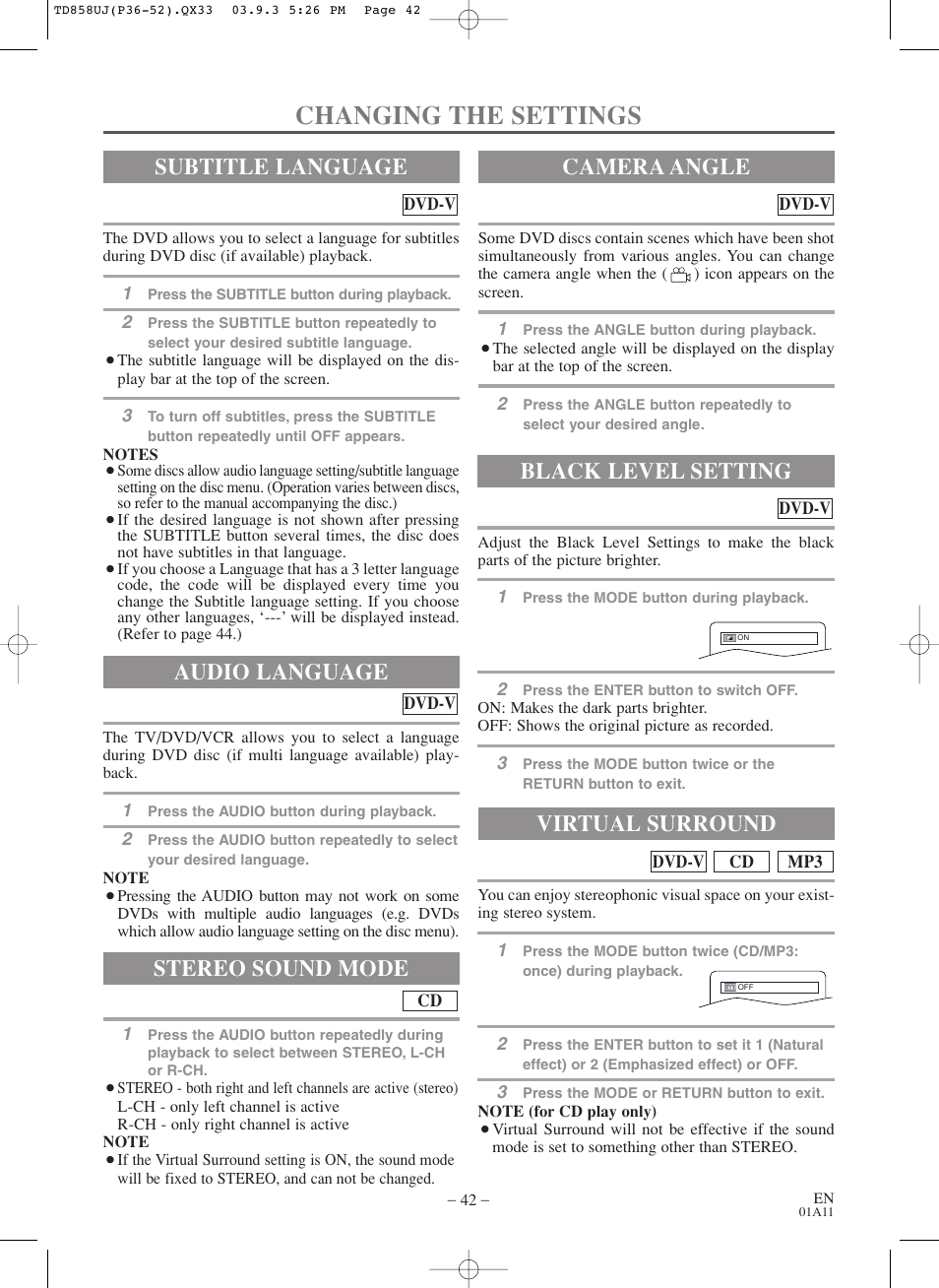 Changing the settings, Audio language, Stereo sound mode | Subtitle language camera angle, Black level setting, Virtual surround | Sylvania 6719DDS User Manual | Page 42 / 56