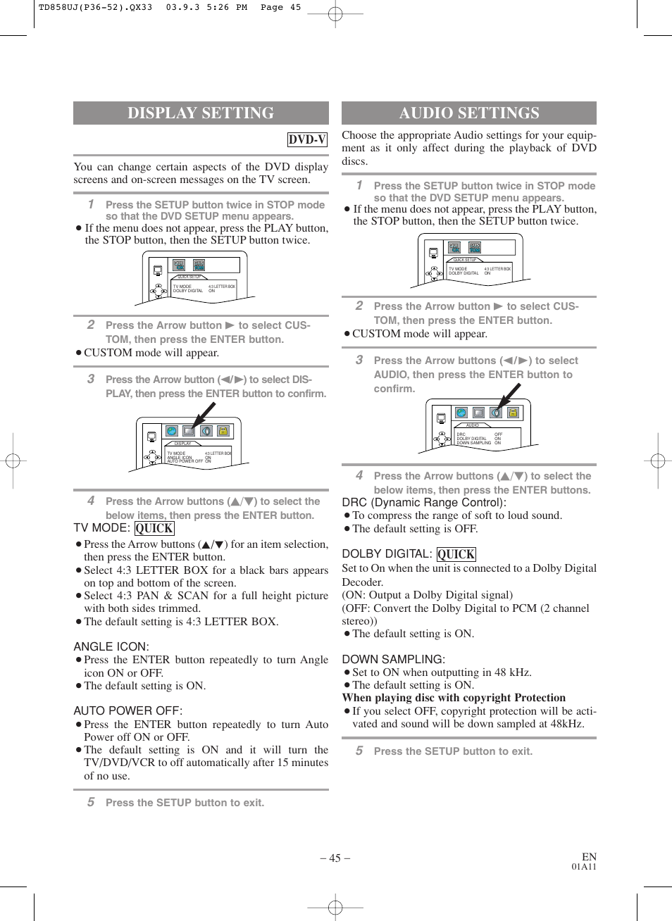 Audio settings, Display setting, Quick | Quick dvd-v | Sylvania 6719DDS User Manual | Page 45 / 56