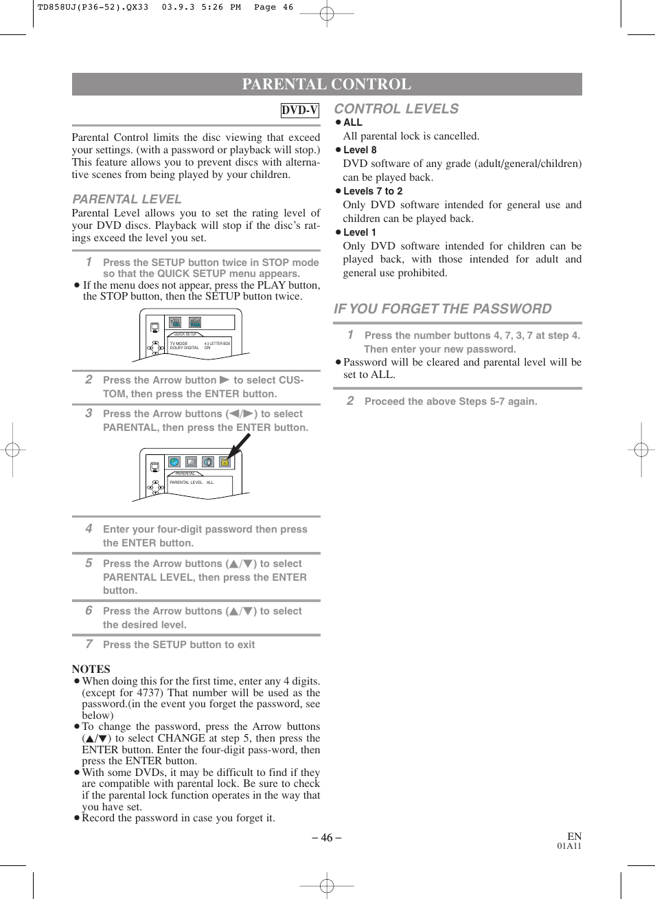 Parental control, Control levels, If you forget the password | Sylvania 6719DDS User Manual | Page 46 / 56