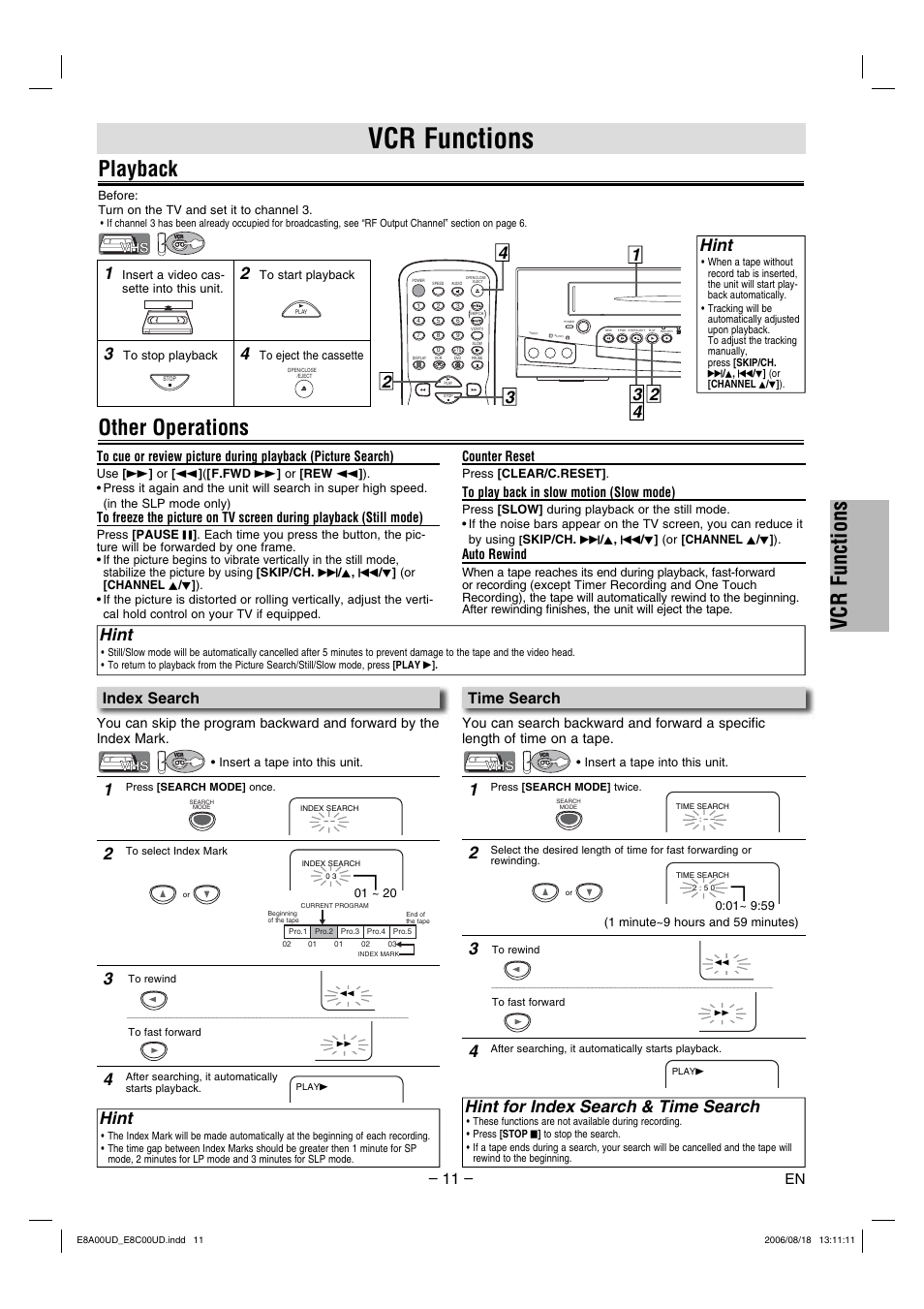 Vcr functions, Playback, Other operations | Hint, Hint for index search & time search, Index search, Time search, Counter reset, Auto rewind | Sylvania DVC865G User Manual | Page 11 / 28