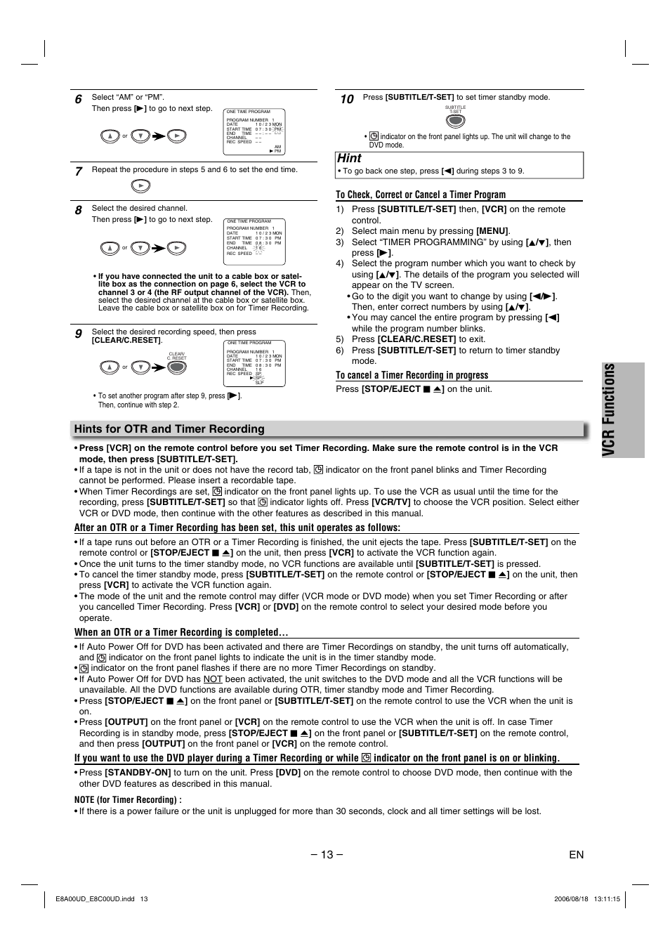 Vcr functions, Hint, Hints for otr and timer recording | Sylvania DVC865G User Manual | Page 13 / 28