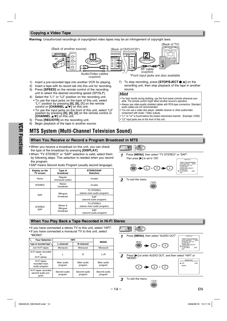 Vcr functions, Mts system (multi-channel television sound), Hint | Copying a video tape, Connect, Audio/video cables, Rf cable, Front input jacks are also available | Sylvania DVC865G User Manual | Page 14 / 28