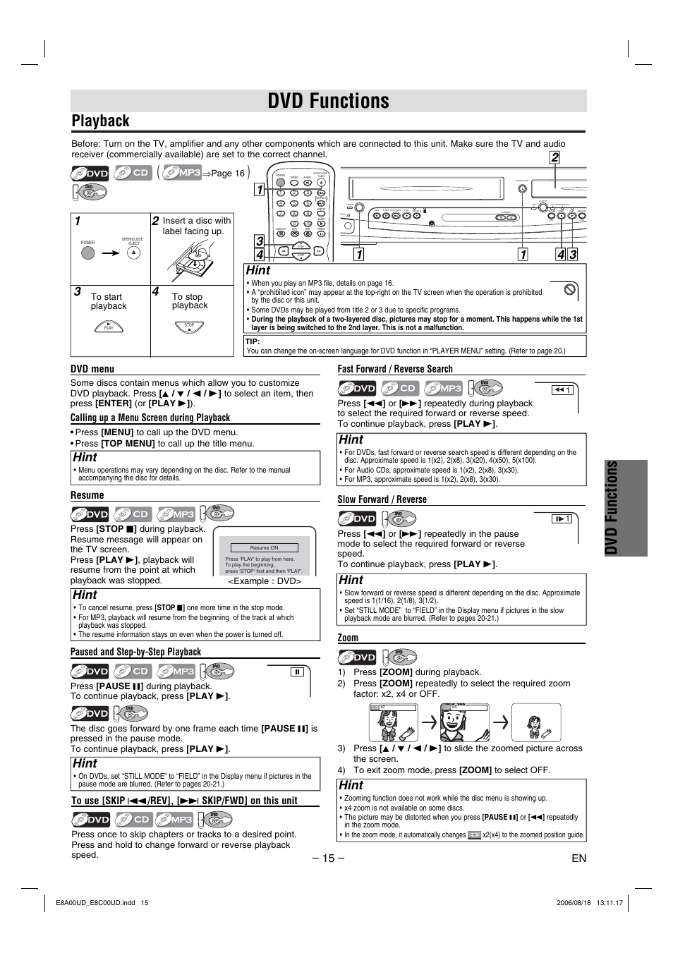 Dvd functions, Playback, Hint | Paused and step-by-step playback, Fast forward / reverse search, Dvd menu, Calling up a menu screen during playback, Resume, Zoom, Slow forward / reverse | Sylvania DVC865G User Manual | Page 15 / 28