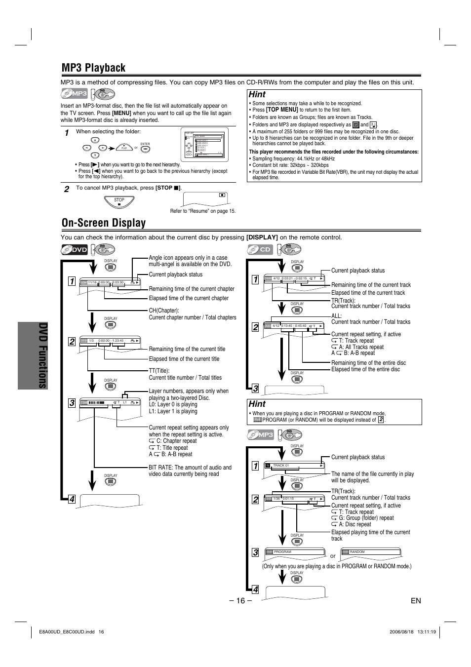 Dvd functions, Mp3 playback, On-screen display | Hint | Sylvania DVC865G User Manual | Page 16 / 28