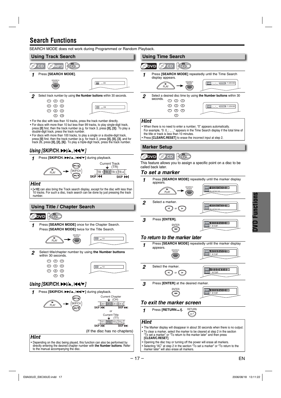 Dvd functions, Search functions, Using [skip/ch. g / o , h / p | Hint, Using track search, Using time search, Marker setup, Using title / chapter search | Sylvania DVC865G User Manual | Page 17 / 28