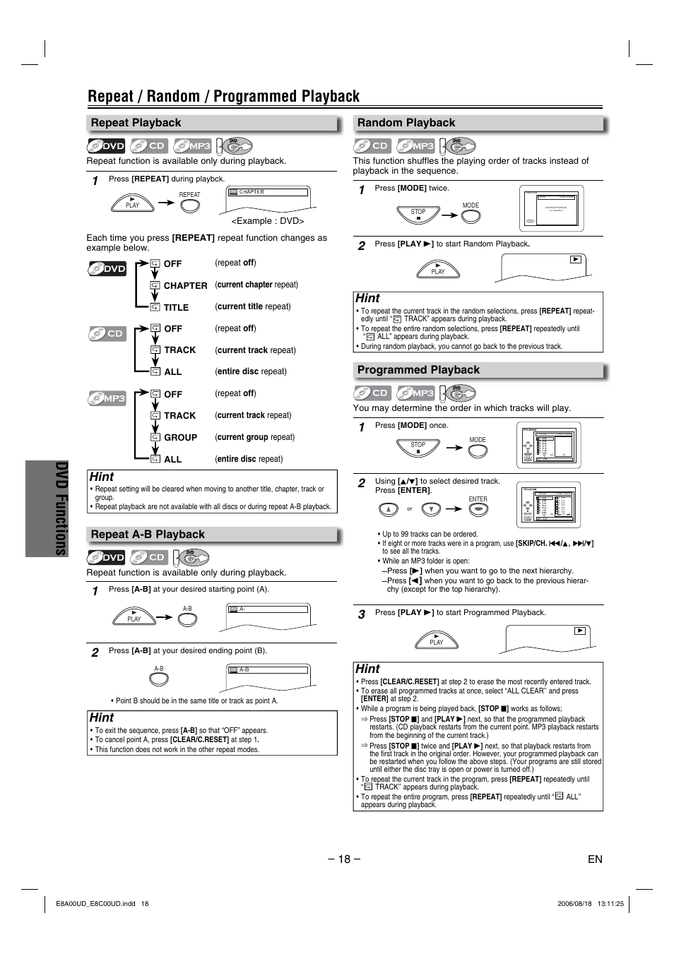 Dvd functions, Repeat / random / programmed playback, Hint | Repeat playback, Programmed playback, Random playback, Repeat a-b playback | Sylvania DVC865G User Manual | Page 18 / 28